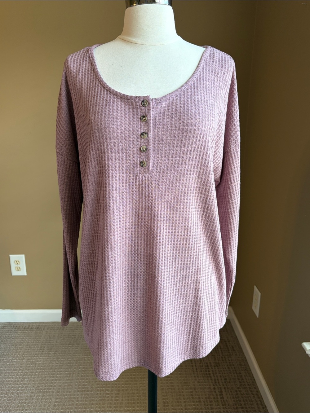 Ninexis Mauve Waffle Knit Henley- Small, Oversize Cozy Casual Soft Grunge Lounge